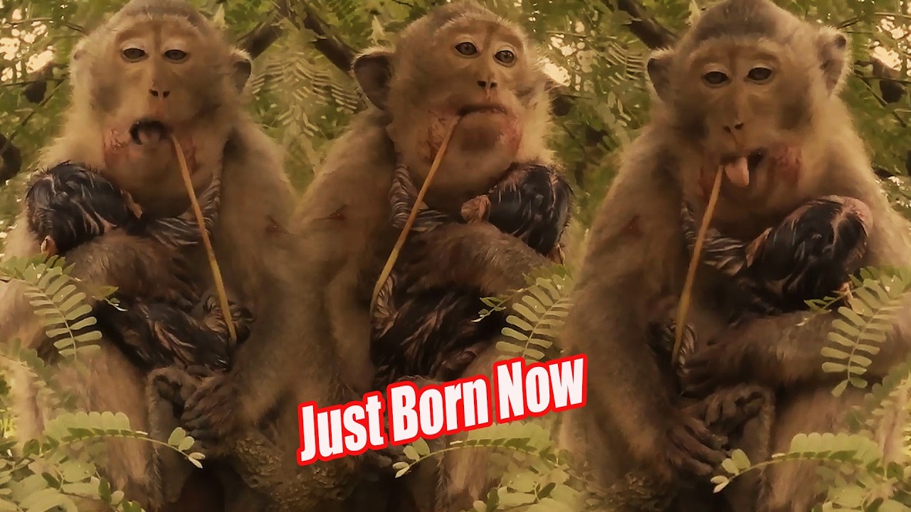 Lovely Mommy Monkey Doing Her Best To Take Care Of Newborn