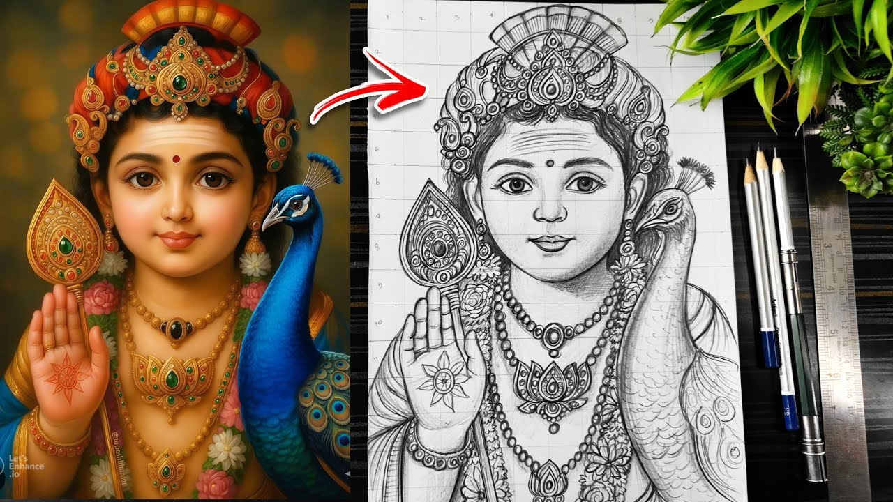 Lord Murugan Drawing, How To Draw Lord Kartikeya Murugan, Kartik Thakur Drawing Step By Step