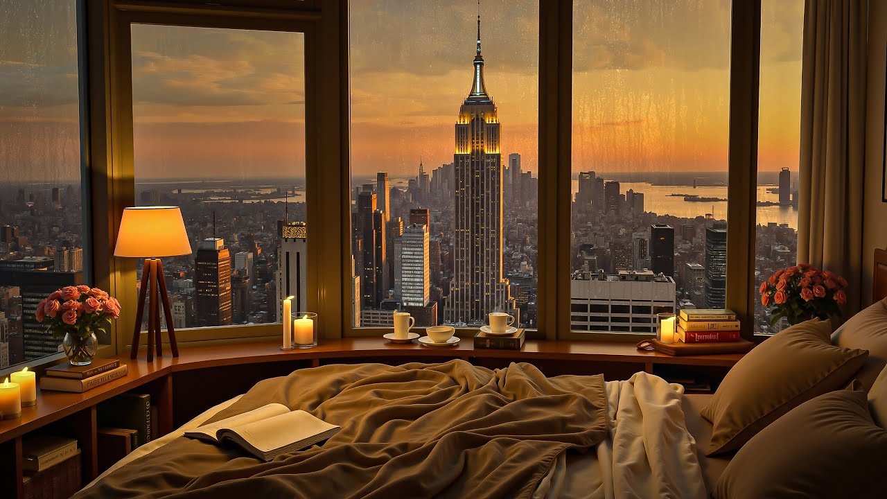 4K Sunset View from High-Rise Apartment 🌇 Relaxing Jazz Music for Study, Work & Unwind