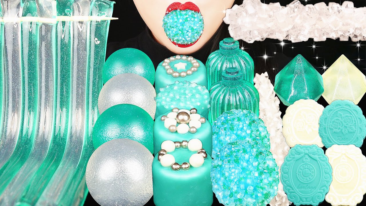 ASMR TEAL & WHITE DESSERTS: EDIBLE BOTTLE JELLY NOODLES, MARSHMALLOW, JELLO BALLS  EATING SOUNDS 먹방