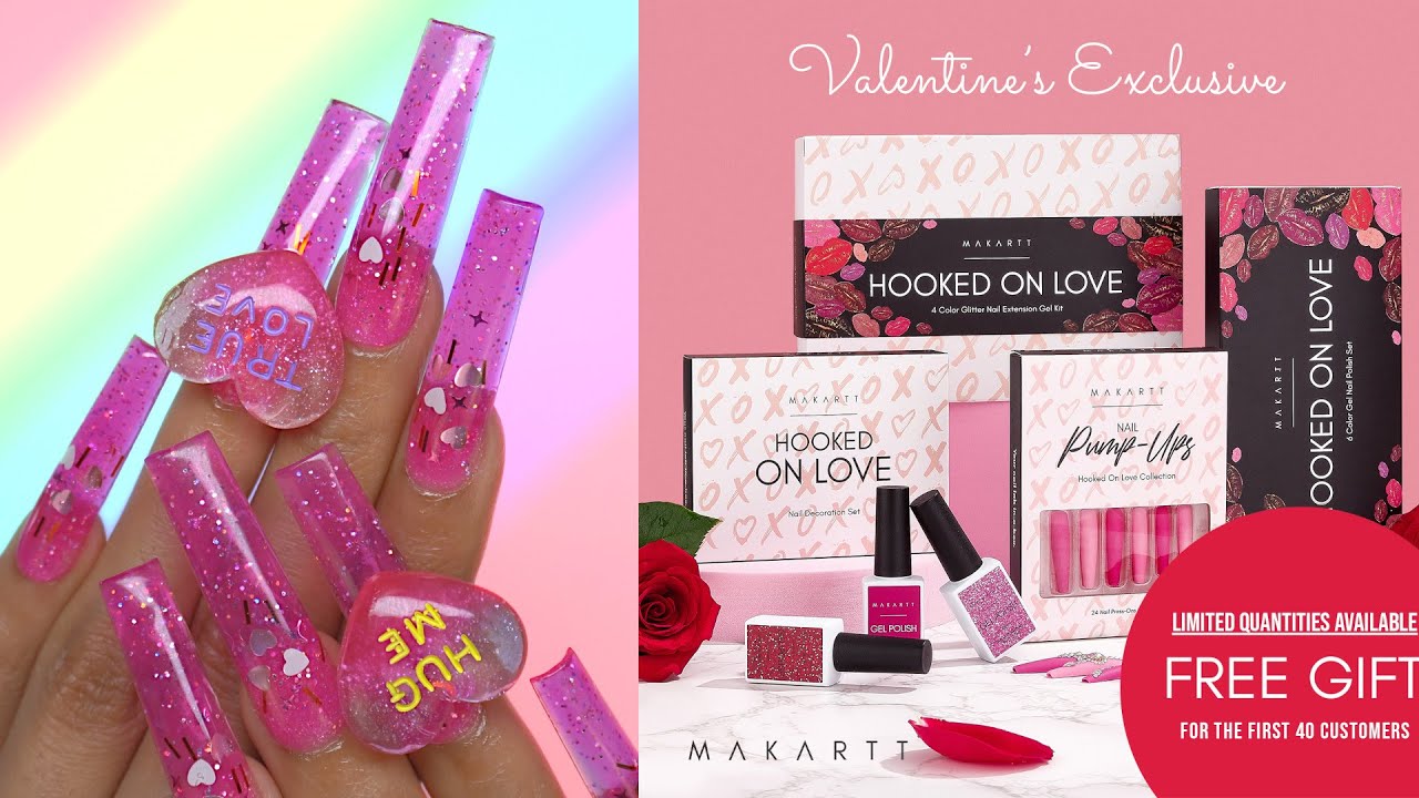 MAKARTT NEW Hooked on Love Polygel Kit Easy DIY FEMI BEAUTY METHOD Vday Pink XXL Square Nails