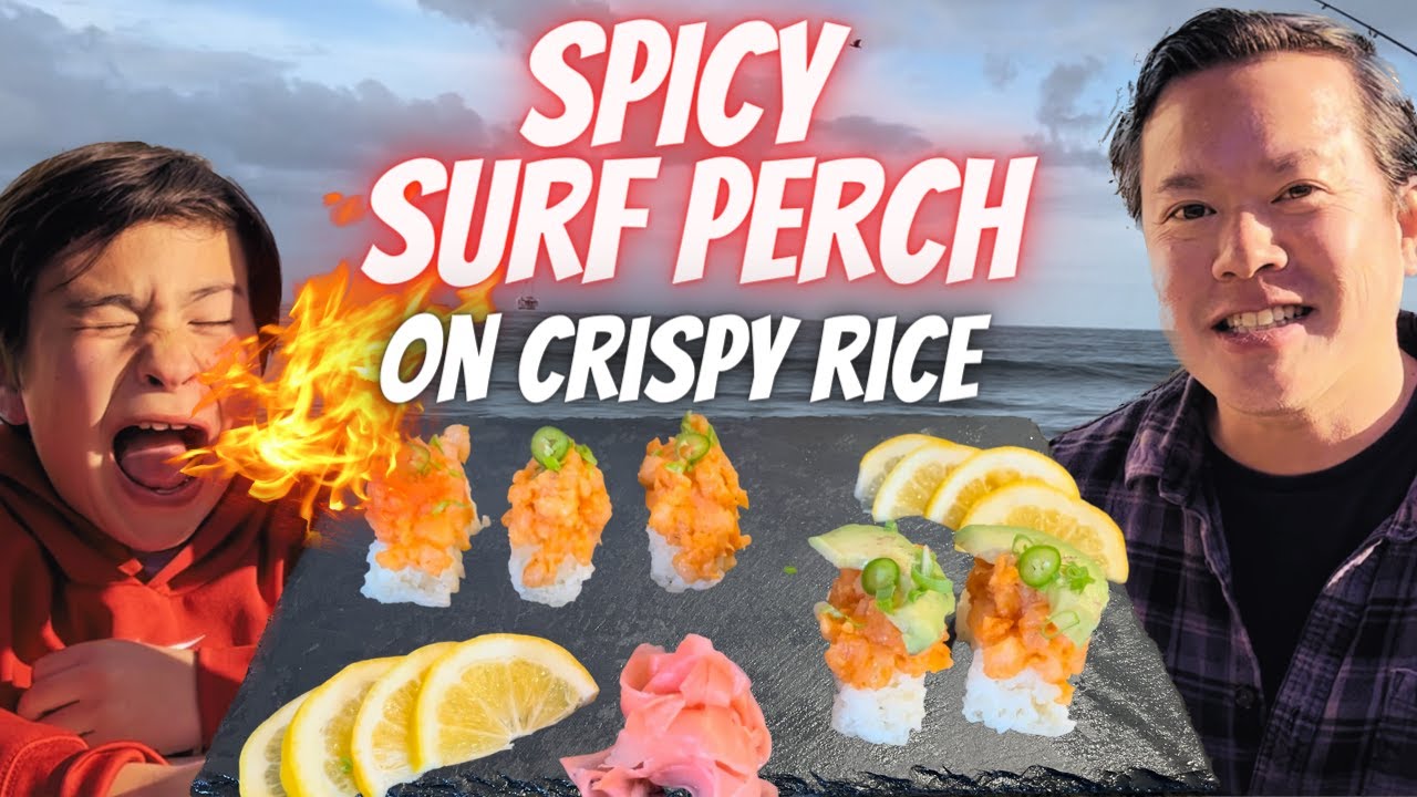 Surf Fishing Catch & Cook!  Delicious Spicy Surf Perch on Crispy Rice
