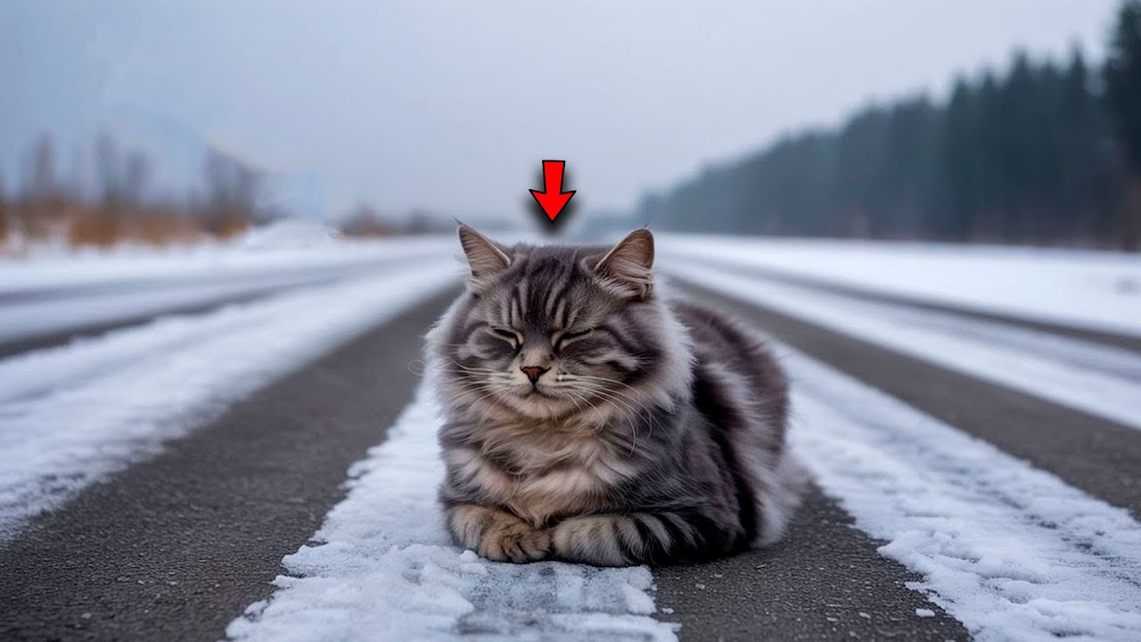 Кошку выбросило на шоссе в сильный мороз. Она смирилась со своей участью.