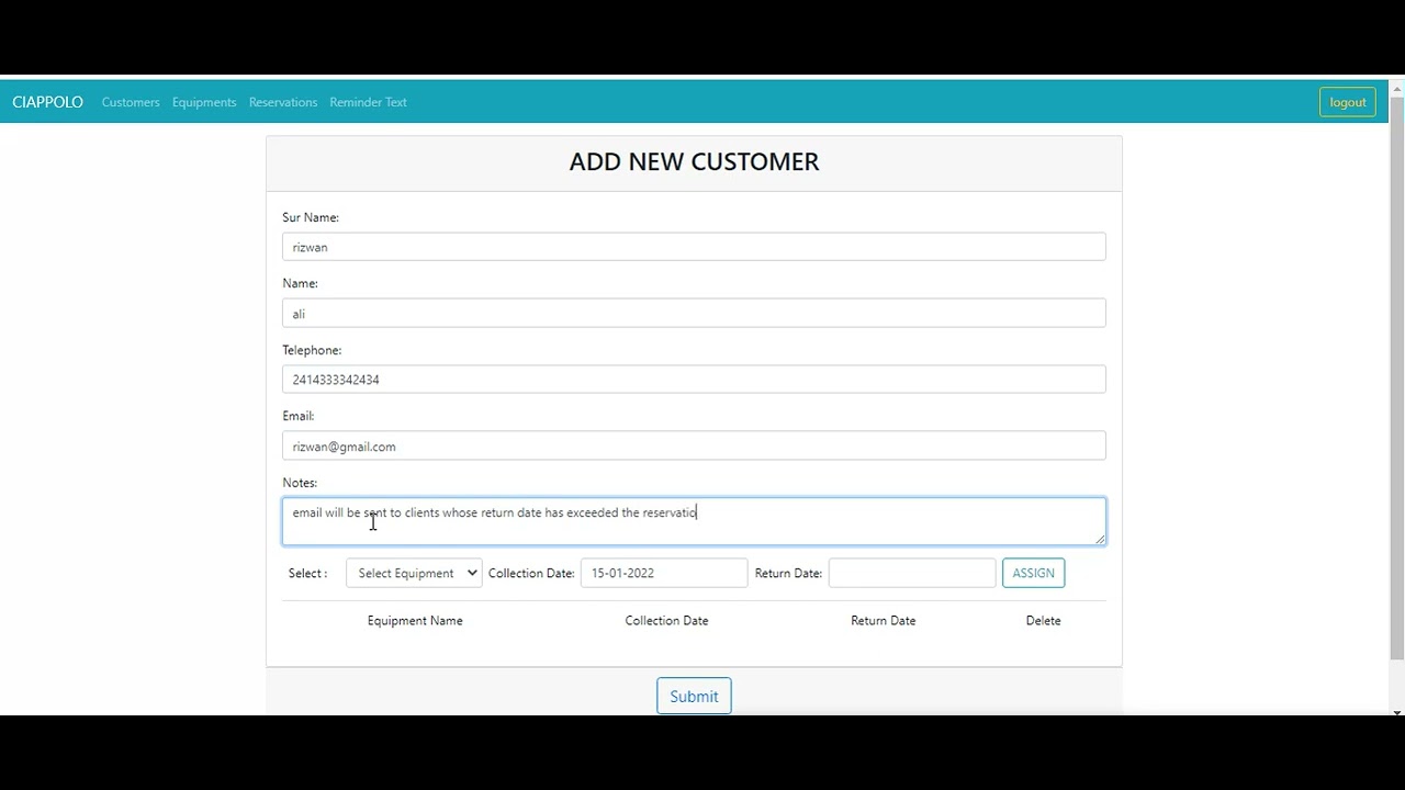 equipment management system and reservation system using php mysql jquery bootstrap