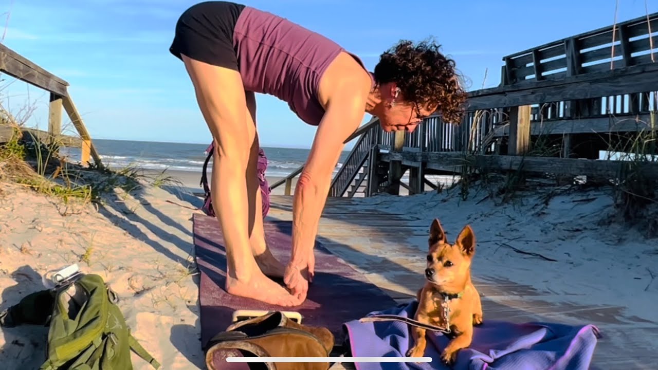 Beach Yoga Comedy of Bloopers  - Saved by Dog - Miss Moonshine in Pawley's Island Sandstorm