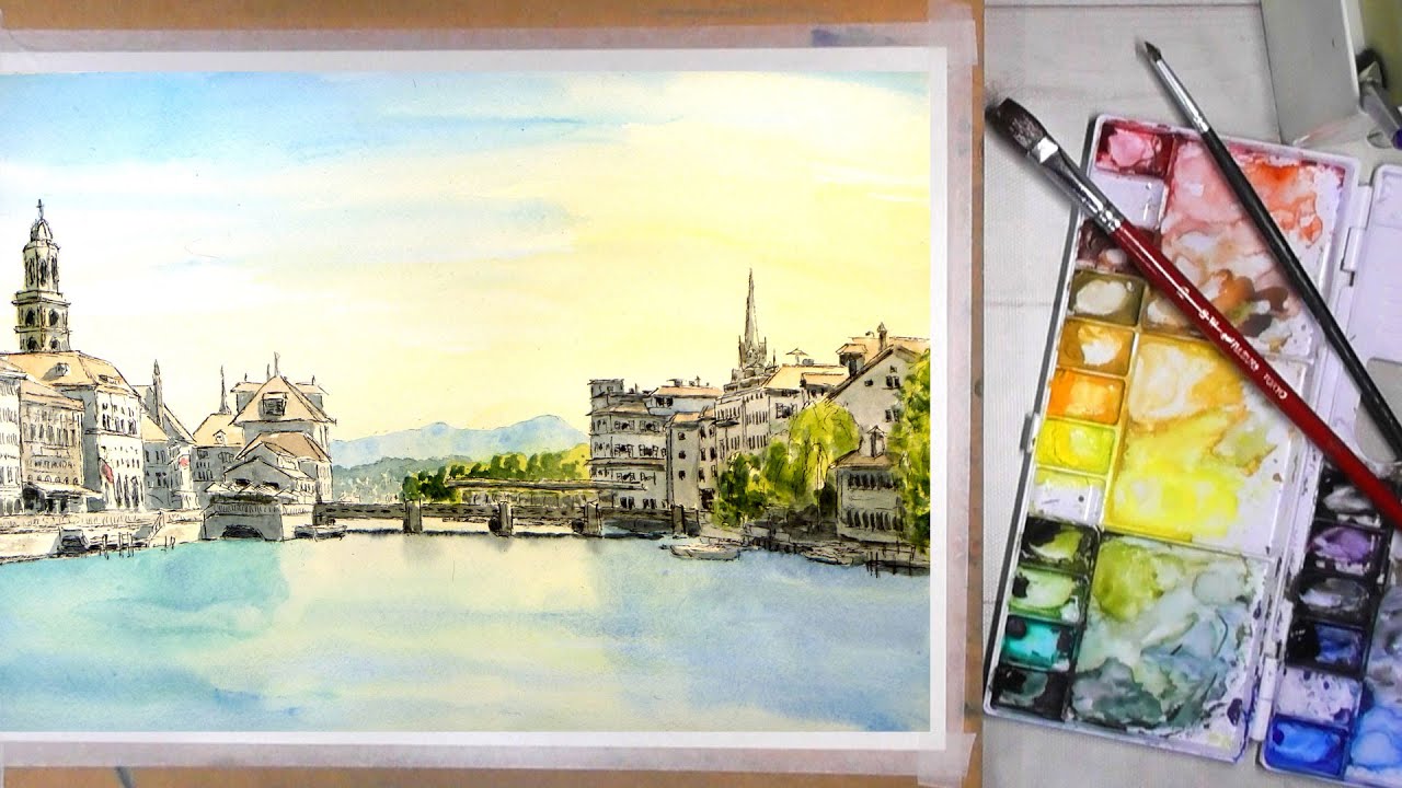 ペンが生きる風景　／　スイス・チューリッヒ 【透明水彩風景画】  Zurich　【Watercolor】