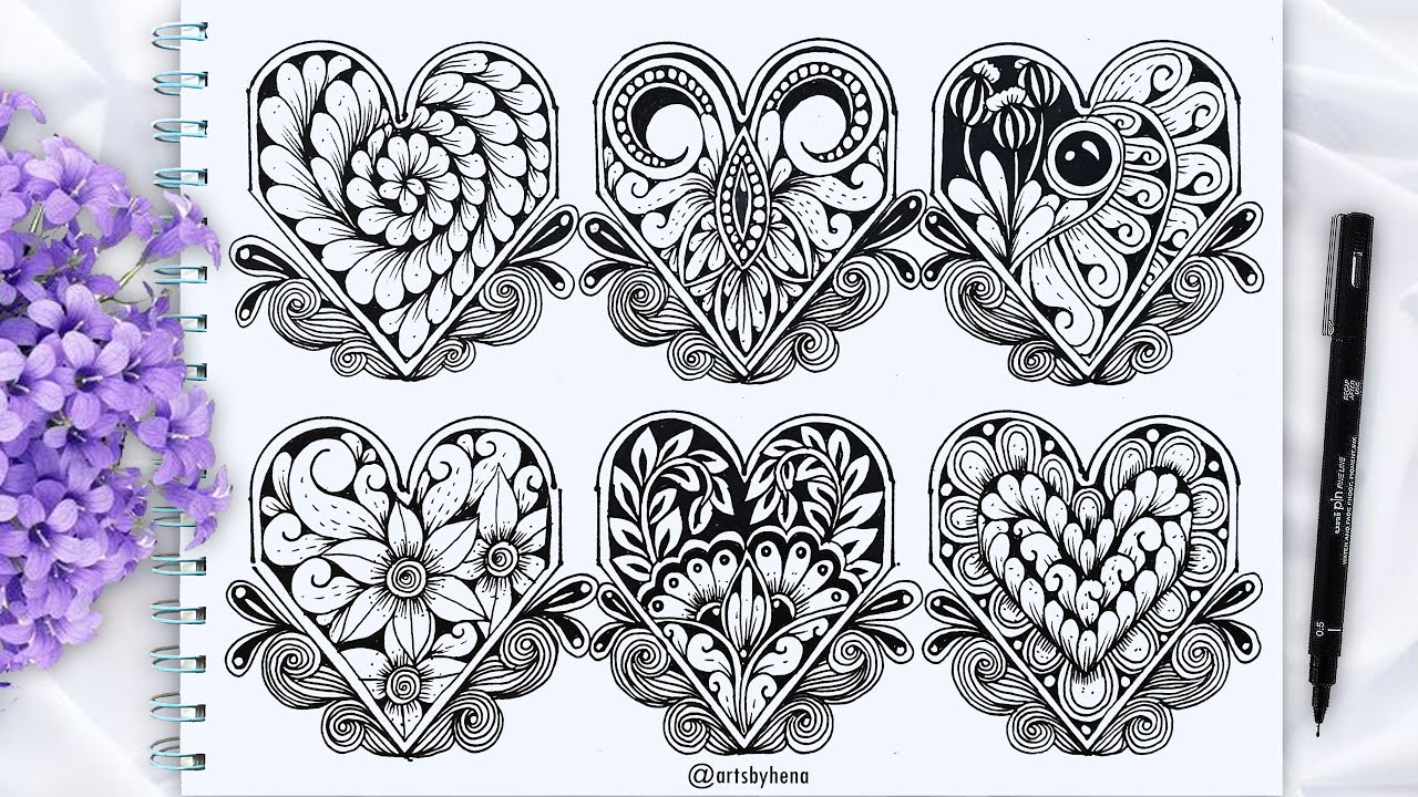 6 Zentangle Hearts ideas | How To Draw zentangle Heart | Zentangle Art