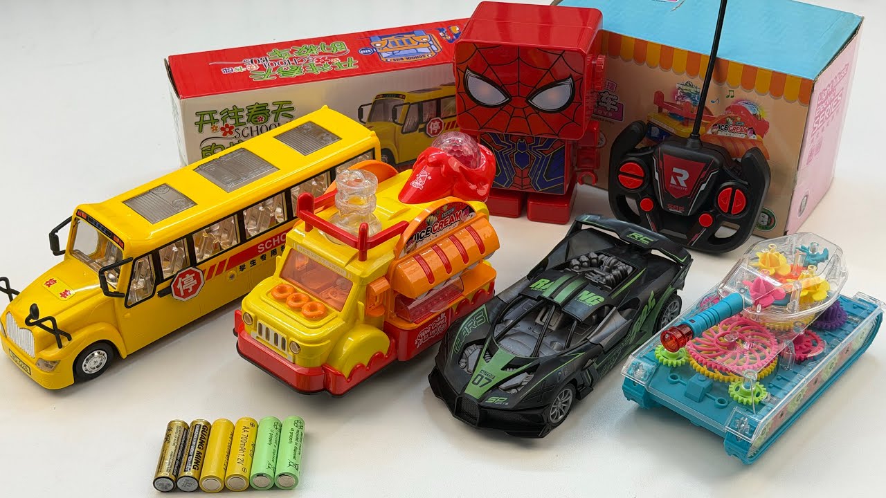 Unboxing RC high-speed sports car, electric school bus, tank, ice cream swing car, dancing robot