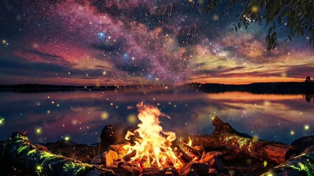 Midnight and Campfire Sounds in Cozy Winter Fire Ambience for Deep Sleep and Relaxation