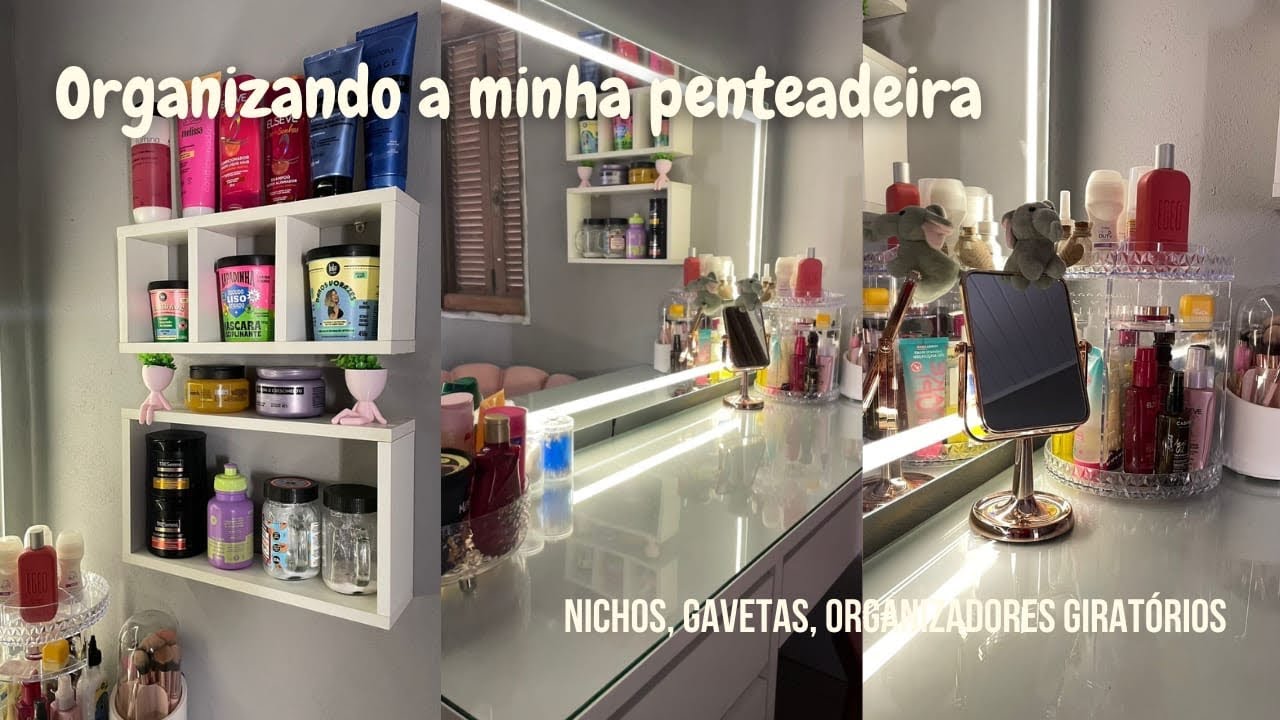 Organizando a minha penteadeira dos sonhos✨🎀 | nichos novos, espelho de led, gaveta de maquiagem…