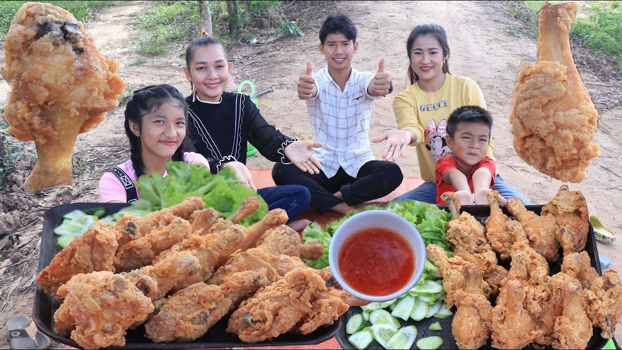 Cook and Eat:  Crispy Chicken drumsticks / Seyhak, Eng, Heang and Neang enjoy to cook and eat