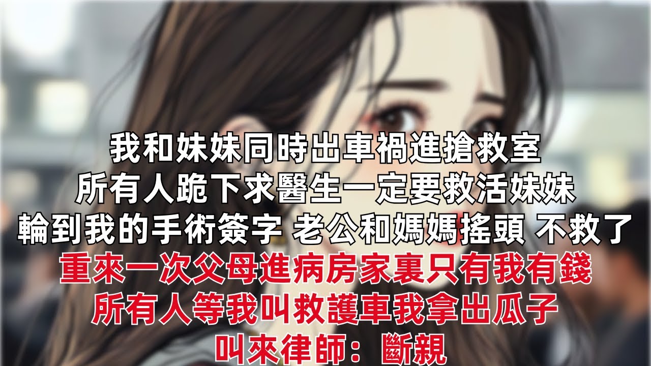 我和妹妹同時出車禍進搶救室 所有人跪下求醫生一定要救活妹妹 輪到我的手術簽字 老公和媽媽搖頭 不救了 重來一次父母進病房家裏只有我有錢 所有人等我叫救護車我拿出瓜子 叫來律師：斷親