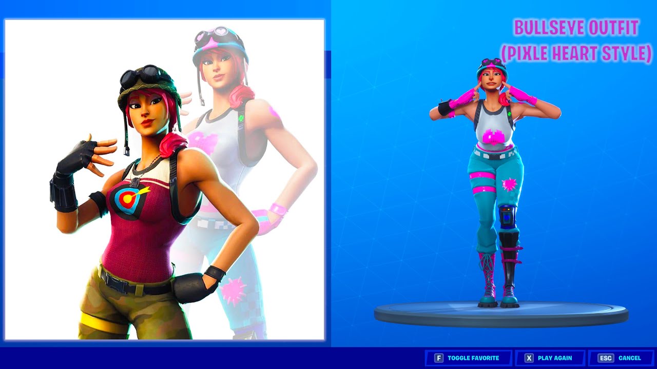 FORTNITE *BULLSEYE* (NEW PIXEL HEART STYLE) SKIN SHOWCASE (BACKBLINGS AND EMOTES)