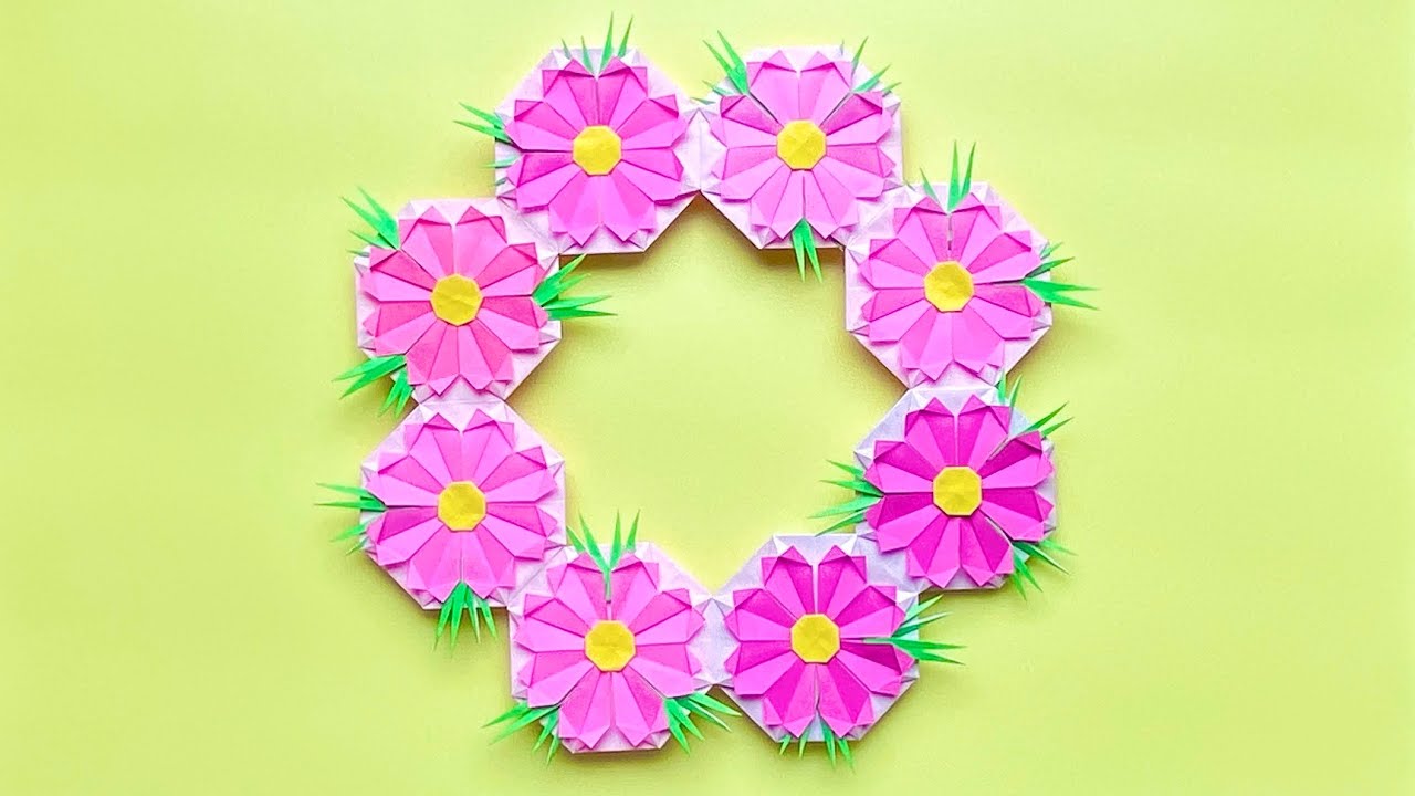 【折り紙】コスモスのリースの作り方／【Origami】How to make Cosmos wreath