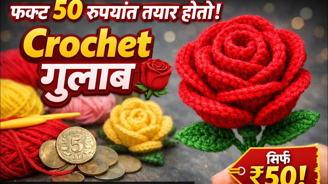  फक्त 50 रुपयांत तयार होतो!Crochet गुलाब 🌹|How to make easy rose flower #marathi #विणकाम 