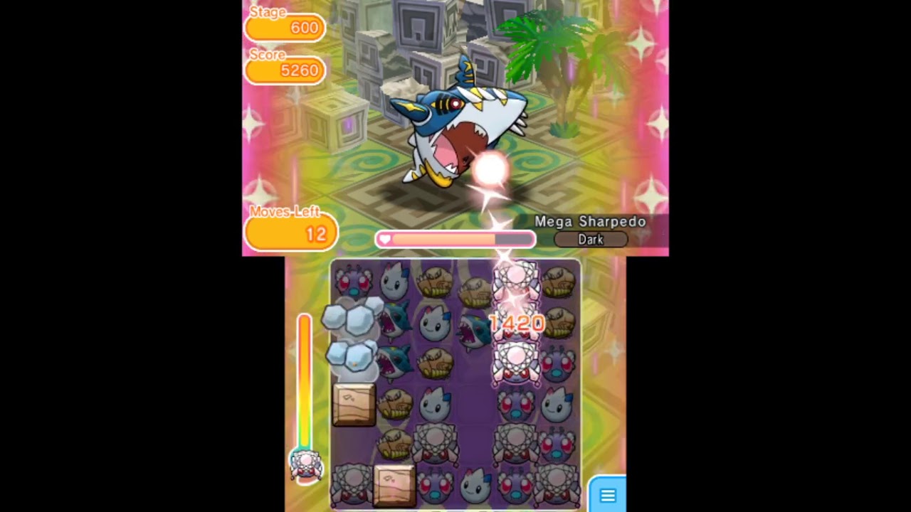 Pokemon Shuffle 3DS - Stage 600 Mega Sharpedo S Rank (+5 moves only)