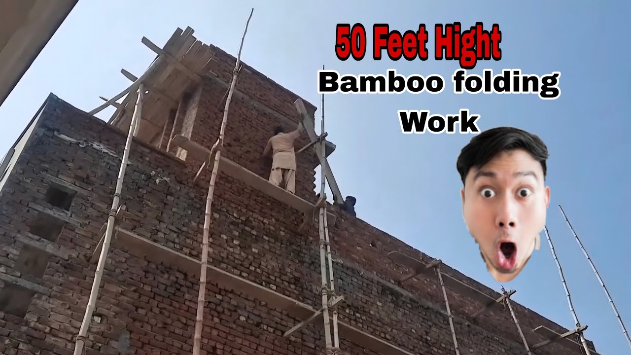 50 Feet High! 😱 How to fix bamboo scaffolding | Outer wall plaster folding work talent,fun & Risk.
