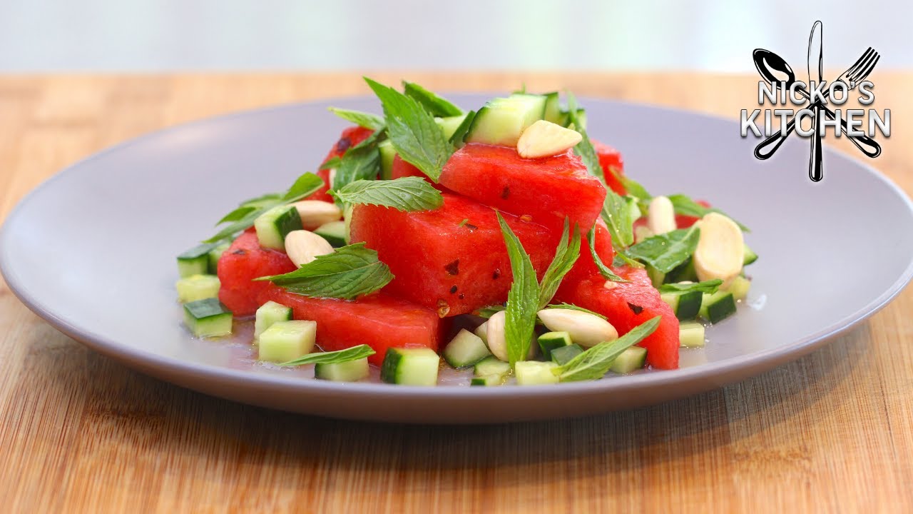 Salted Watermelon Salad with Mint, Almond, Cucumber & Chilli