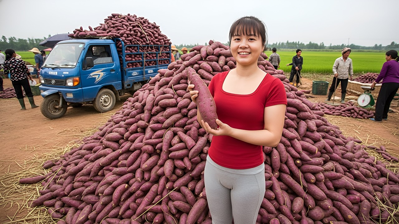Harvest 1 Ton Of Purple Sweet Potatoes – Use 3-Wheel Truck Go To Countryside Market Sell