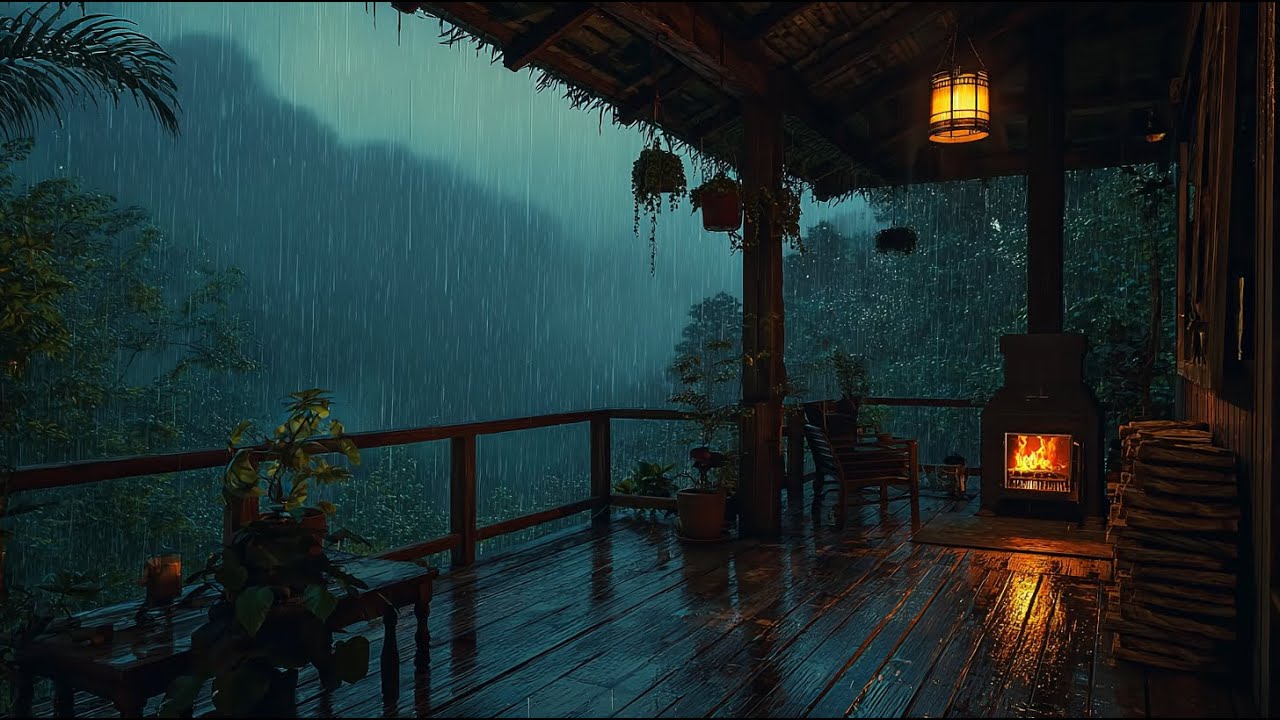 Forest Porch Ambience on a Rainy Day: Rain and Fireplace Sounds for Your Deep Sleep, Calm Your Mind