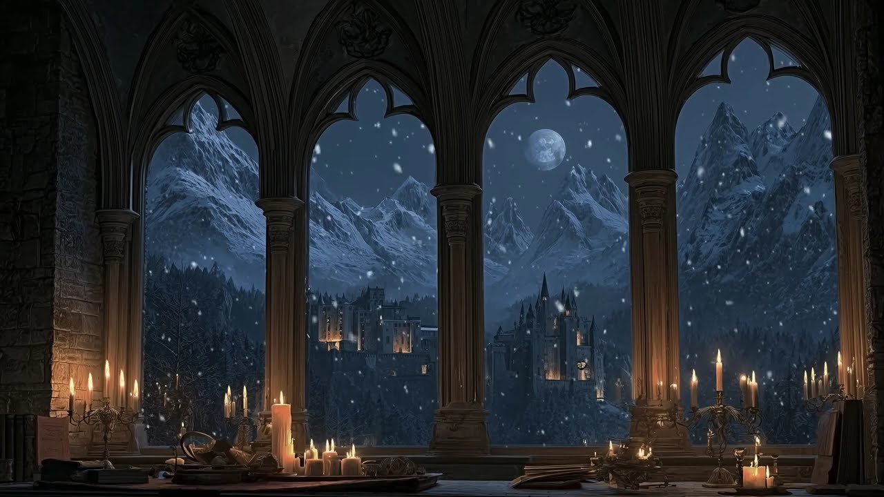 Зимний вид из окна замка ❄ Тишина, снег и расслабляющая атмосфера для сна