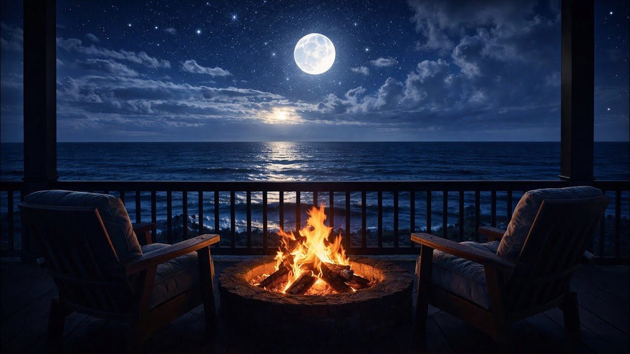 Night Sea and Campfire 🔥 Sound of Waves and Fire | for deep sleep ( 10 hours )