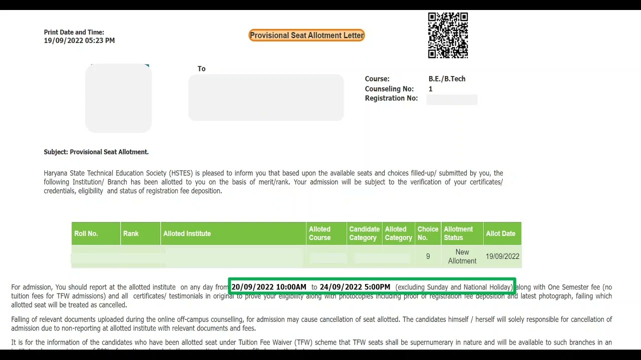 HSTES B.E/B.Tech 1st Round Seat Allotment Result and Physical Reporting 2022-23