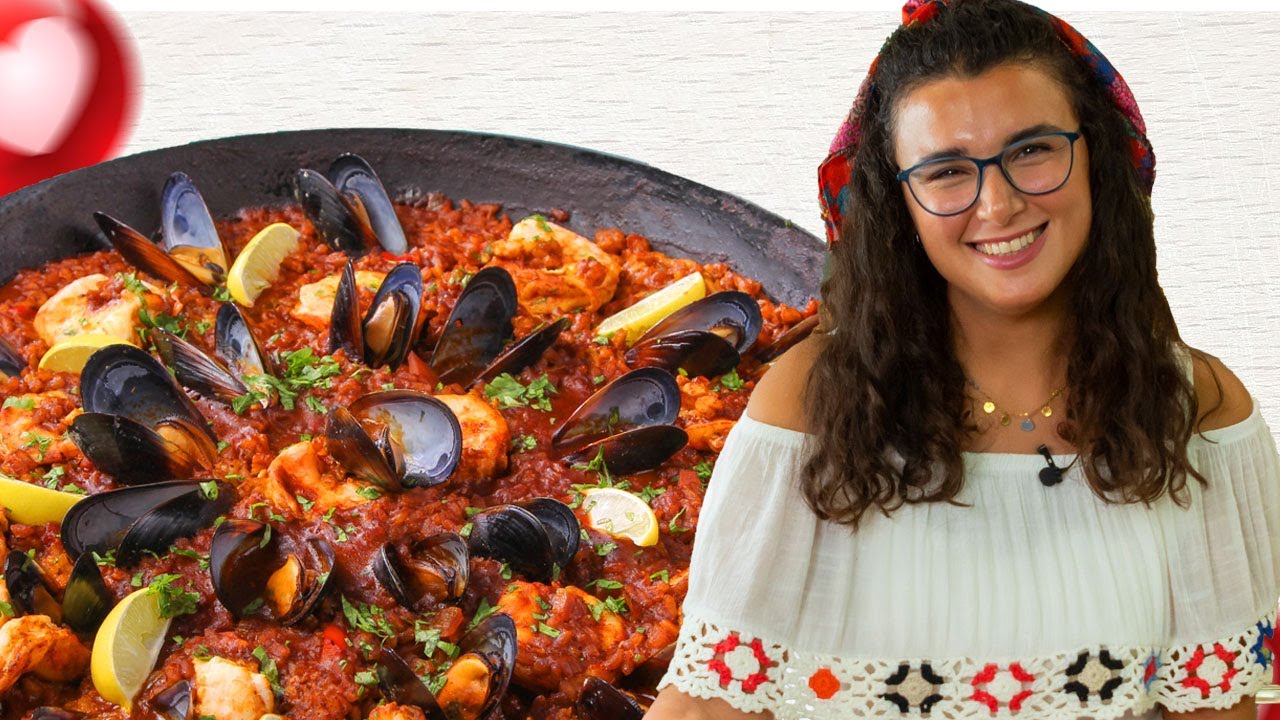 البايلا الاسبانية مع الجمبري والكاليماري وبلح البحر على طريقة لينا عزت - Spanish Paella Recipe