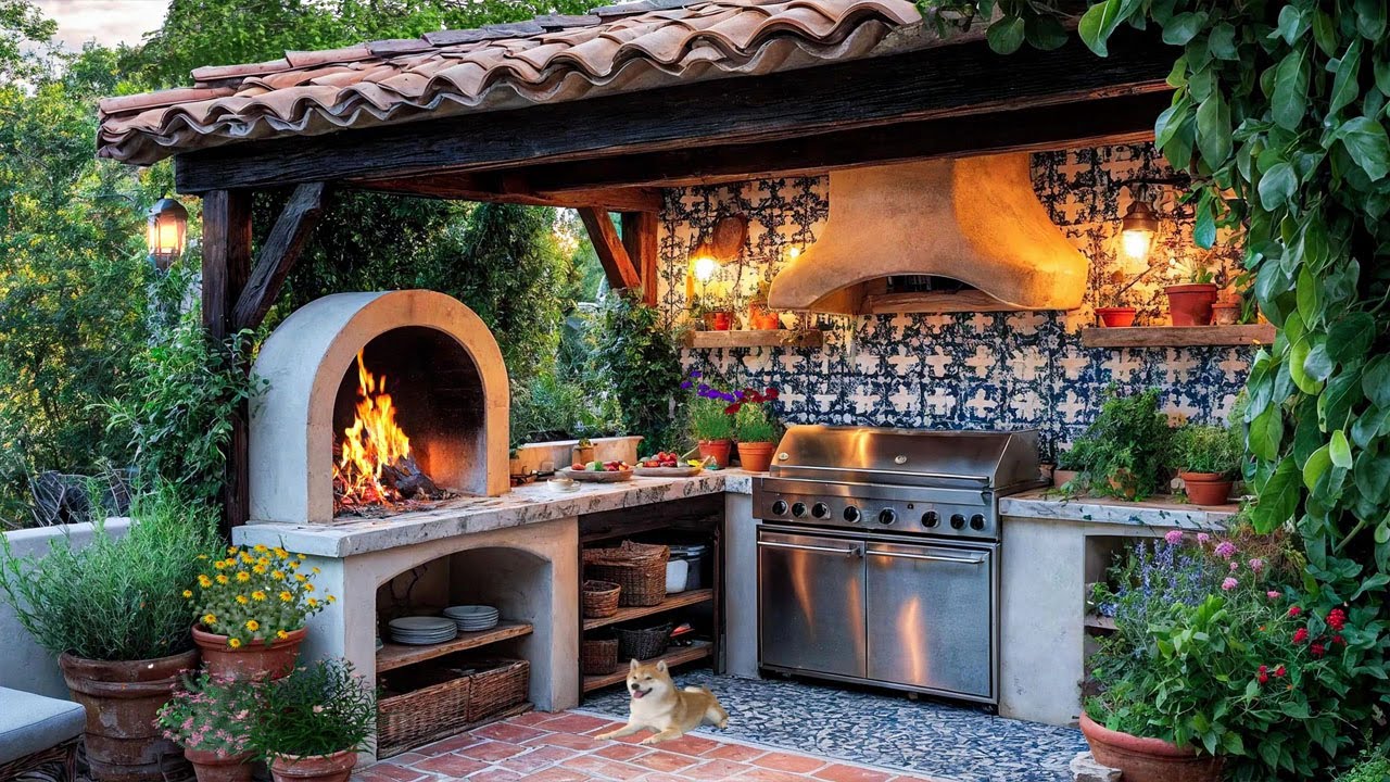 🍕 Rustic Outdoor Kitchen with Pizza Oven & Shiba Dog 🐕 | Dreamy Backyard for Cooking & Relaxation 🌳