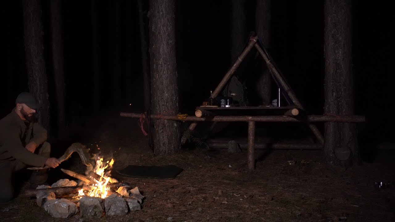 Solo Overnight Building a Bushcraft Raised shelter in the forest. Chicken with various vegetables