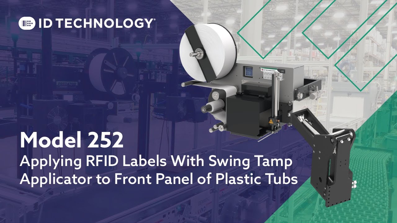 Model 252 Applying RFID Labels With Top Swing Applicator To Front Panel On Plastic Tubs