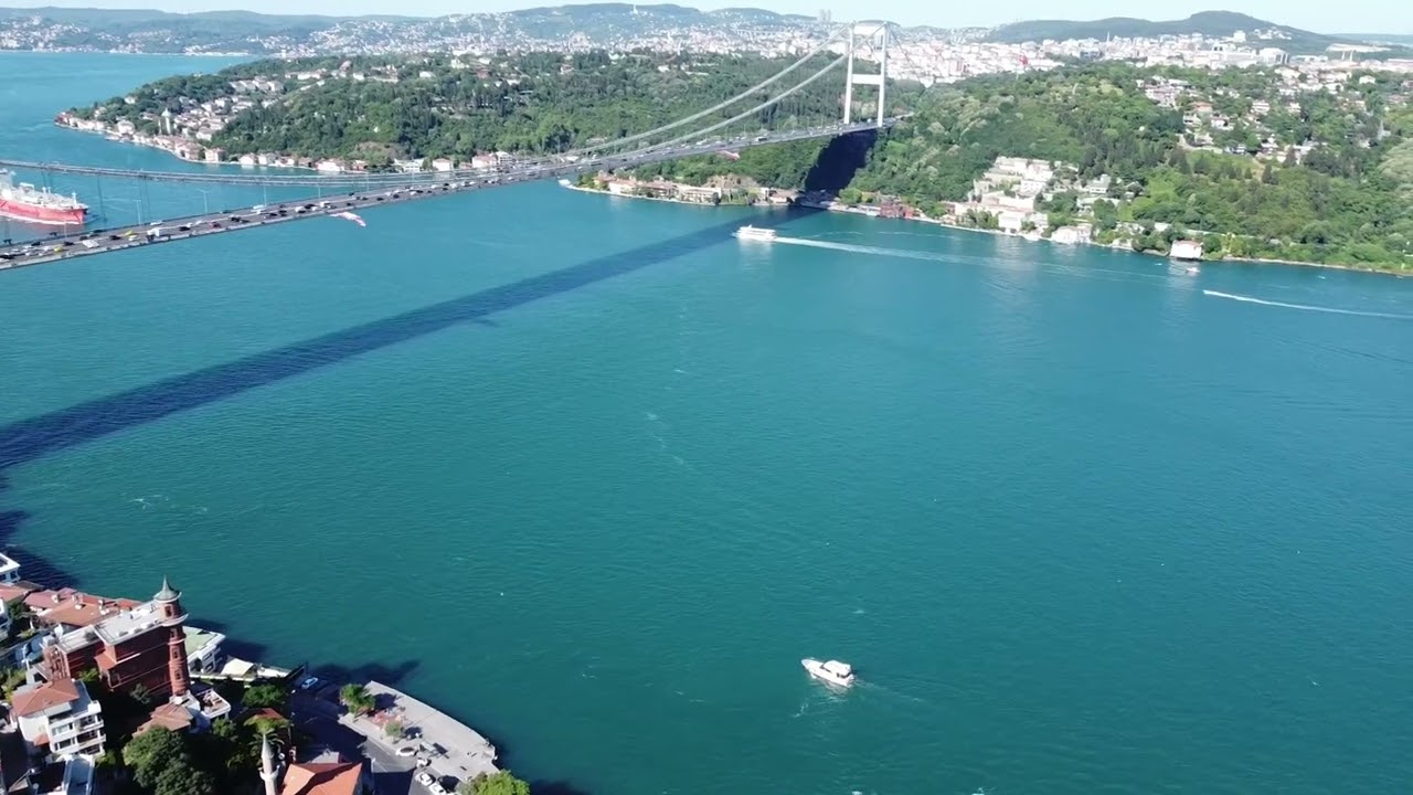 Bosphorus, Bebek, Fatih Sultan Mehmet Bridge, Beykoz, Kandilli from Drone (4k). Istanbul. Turkey