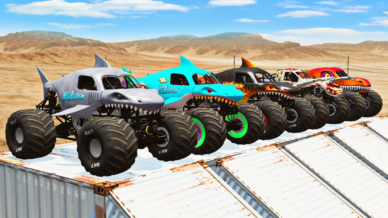 Big Monster Trucks Transport Triple Flatbed with Color Slide