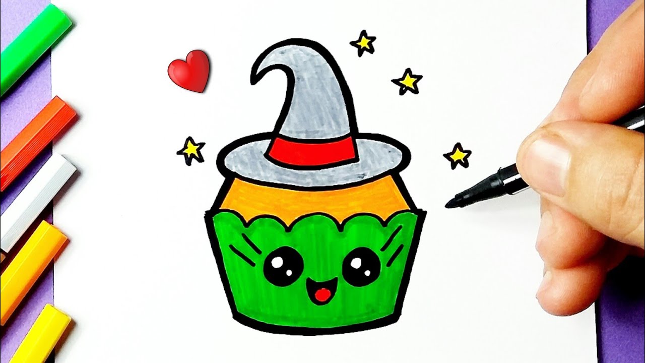 Como desenhar Cupcake Bolinho Kawaii fofo ❤ Desenhos de Halloween - Desenho para Desenhar