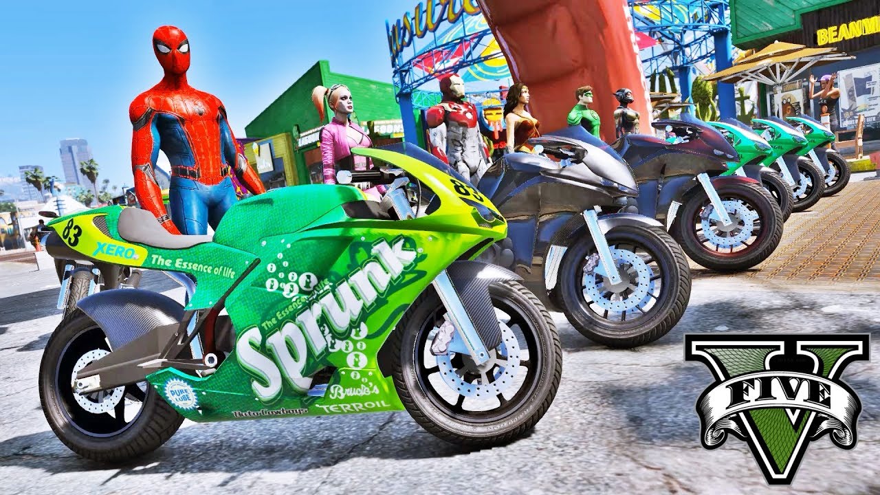 MOTOS com Homem Aranha e Heróis Desafio de Motorbike na Rampa GTA V Mods - IR GAMES