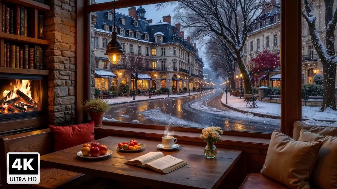 Peaceful Winter Evening Cafe with Soothing Jazz Music ~ Gentle Jazz Music & Fireplace For Work