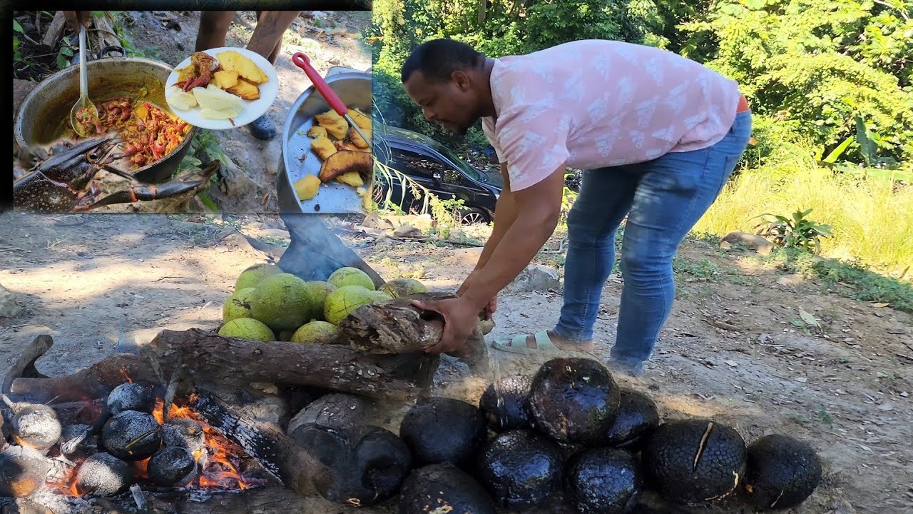 roast fry breadfruit w curry crayfish