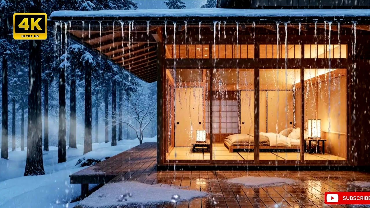 ❄️ Japanese Winter Cabin at Night｜Snow & Light Rain｜Warm Luxury Interior｜Soft Jazz Piano