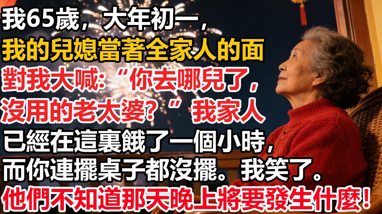 我65歲，大年初一，我的兒媳當著全家人的面對我大喊:“你去哪兒了，沒用的老太婆？”我家人已經在這裏餓了一個小時，而你連擺桌子都沒擺。我笑了。當晚發生一幕讓他們徹底嚇傻。
