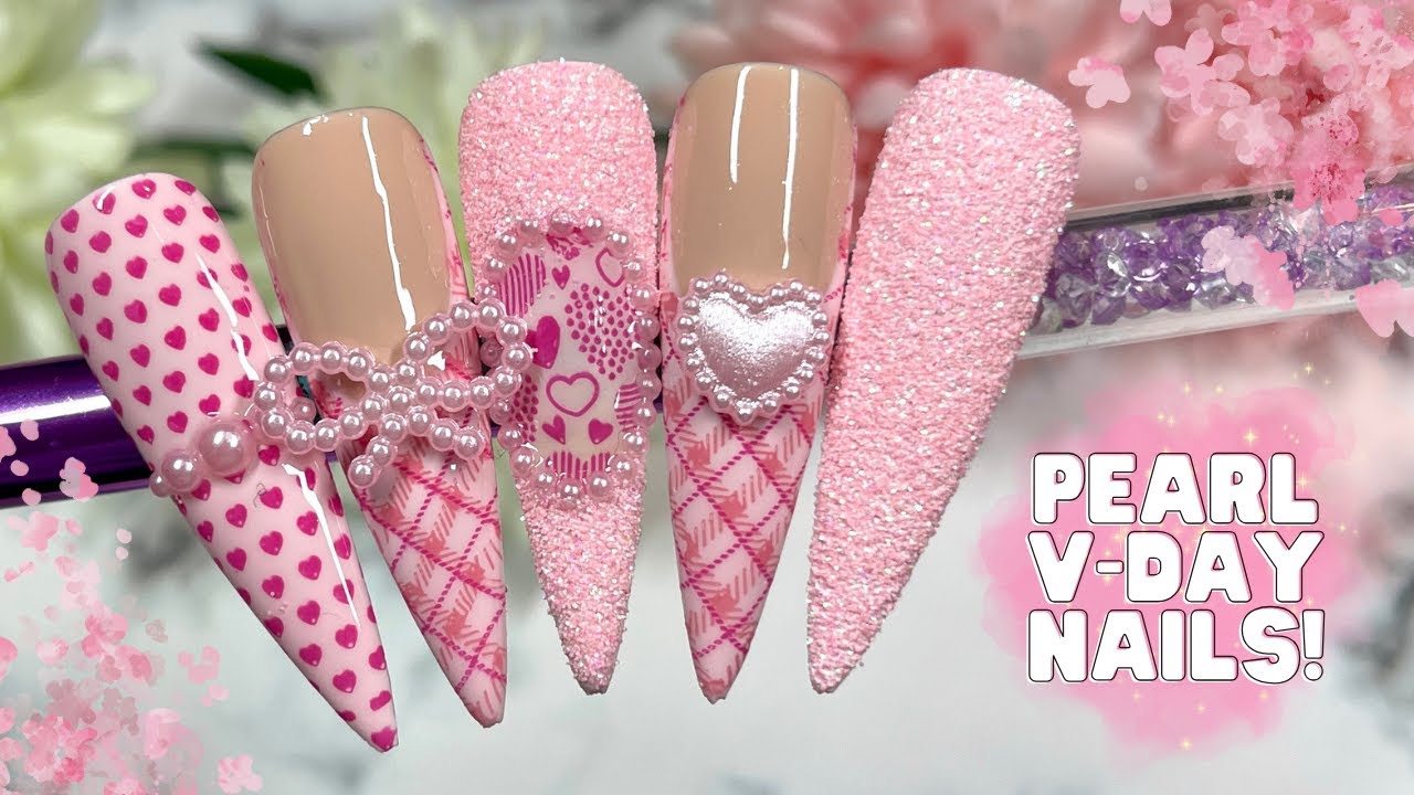 CUTE PINK PEARL VALENTINE NAIL DESIGN| LOVE HEART NAILS| CHARM NAILS| MADAM GLAM