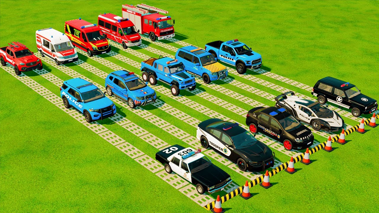 TRANSPORTING POLICE CARS, AMBULANCE, FIRE TRUCK, COLORFUL CARS WITH TRUCK -FARMING SIMULATOR 22!