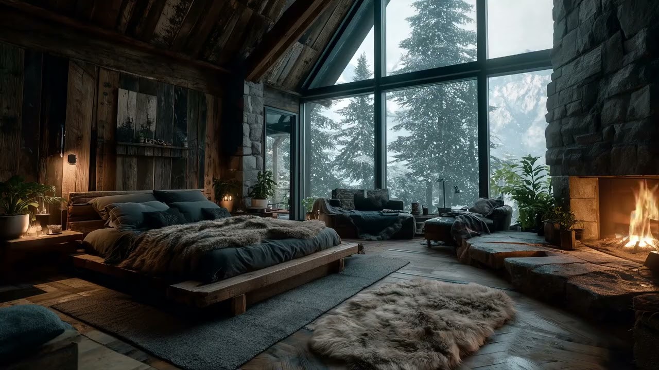 Snowy Luxury Cabin Retreat ❄️ Fireplace Glow & Peaceful Snow | Cozy Ambience for Deep Sleep