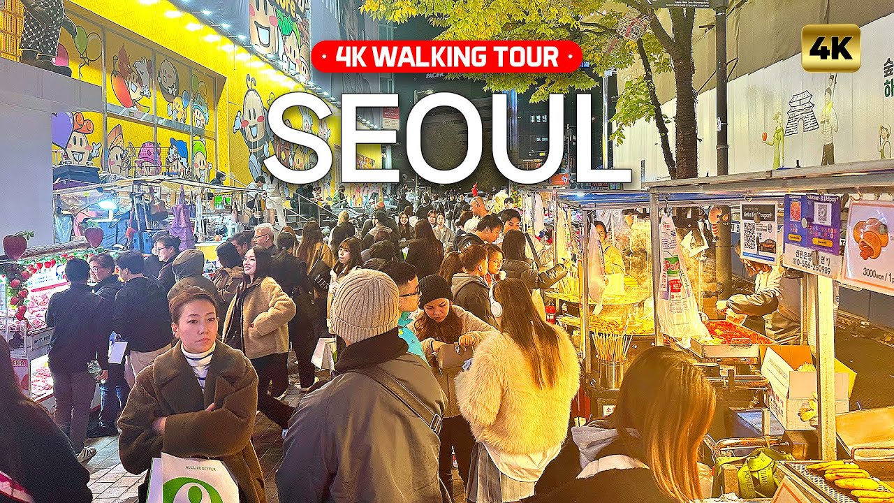 Myeongdong Seoul Korea 4K HDR Walk - Street Food & City Lights Tour