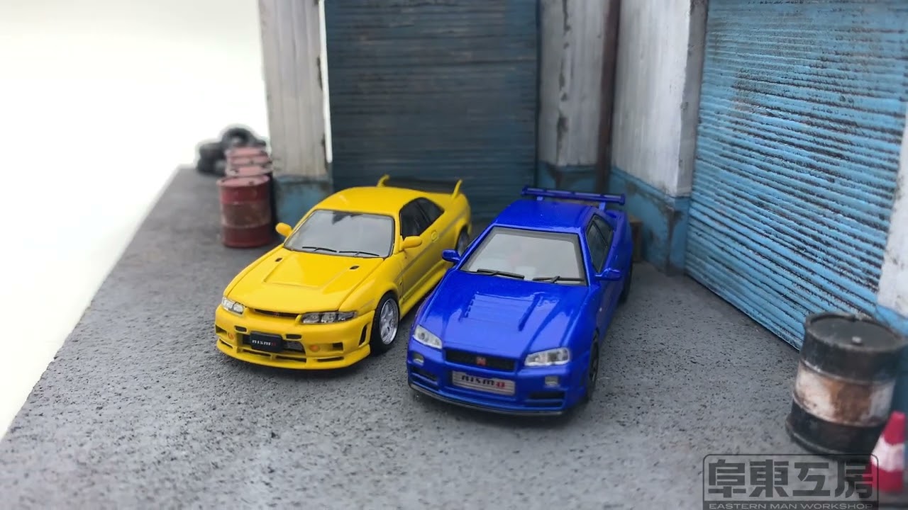Some 1/64 scale diecast minicars in diorama.
