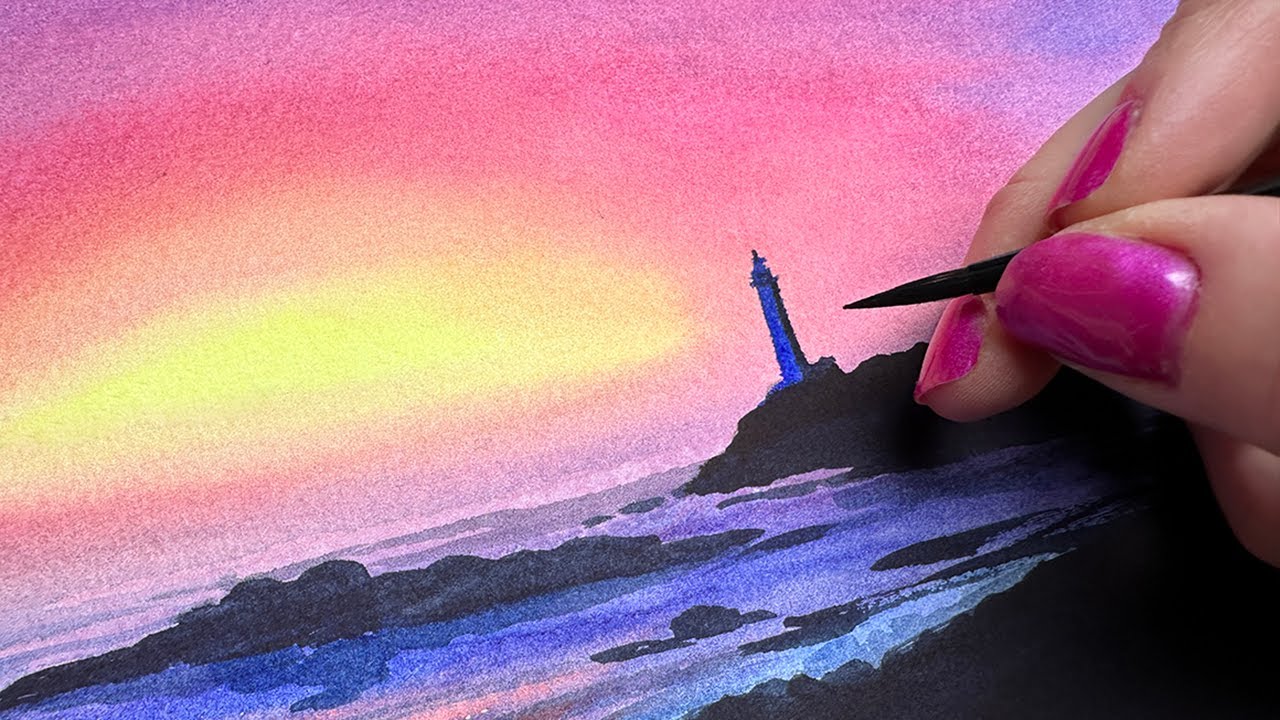 Watercolor Sunset Lighthouse Landscape Tutorial for Beginners