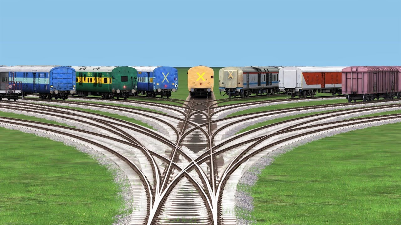 6 TRAINS CROSSING ON BUMPY FORKED RAILROAD CROSSING | Train Simulator 2022 #railroad