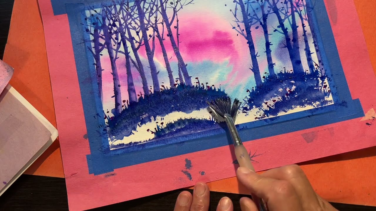 watercolor trees in pink blue sky original footage