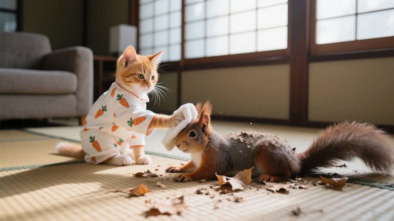 Ginger Kitten and Rose Rescues Little Squirrel Who Lost His Home 🐿️💖
