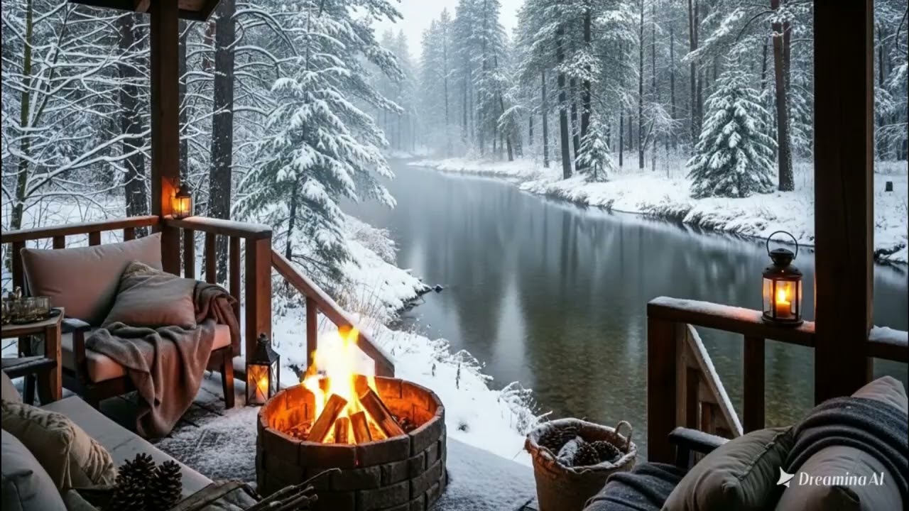Winter Cabin Fireplace Sounds 🔥 Cozy Porch by the River with Crackling Fire Ambience