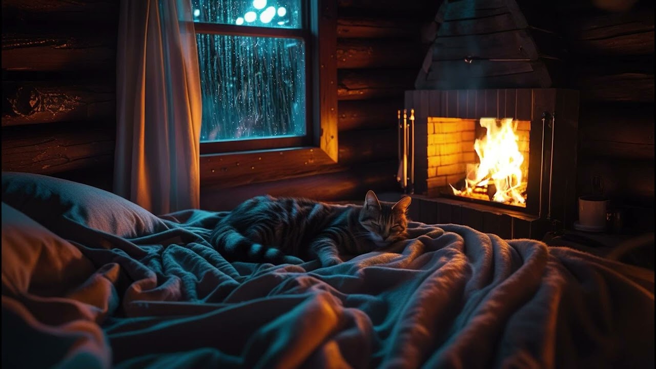 Cat purring sounds in a log cabin while rain falls and the fireplace blazes🔥8H gentle sleep sounds